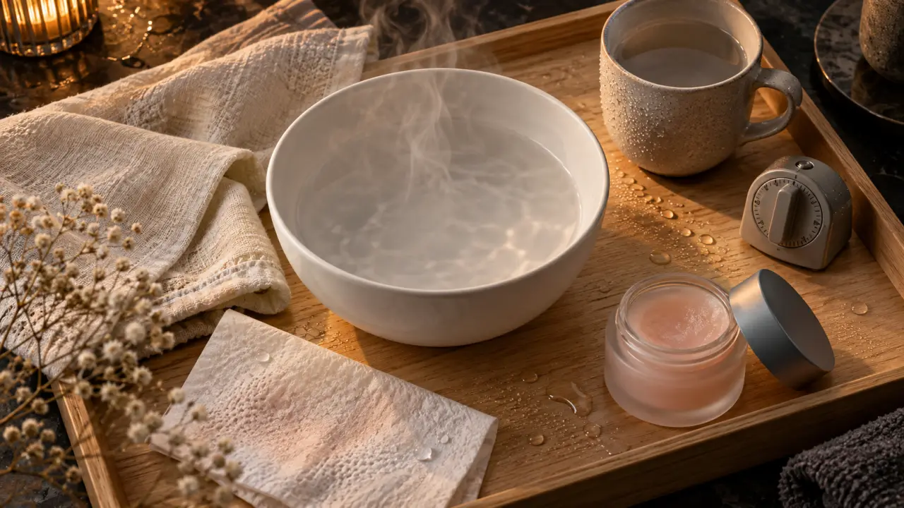 Sauna faciale : bol fumant, vapeur 5 minutes, nettoyage doux