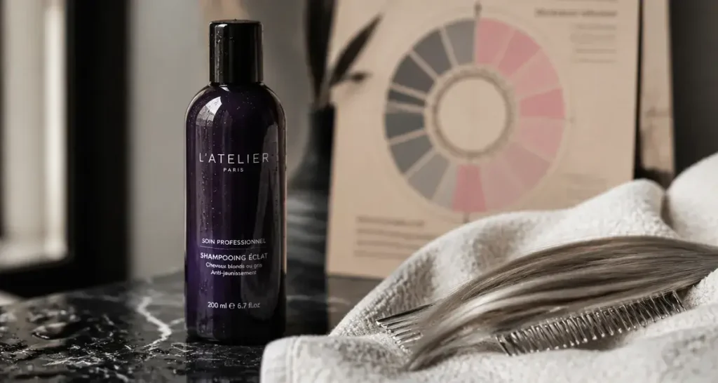 Shampooing violet pour neutraliser les reflets jaunes sur cheveux blonds