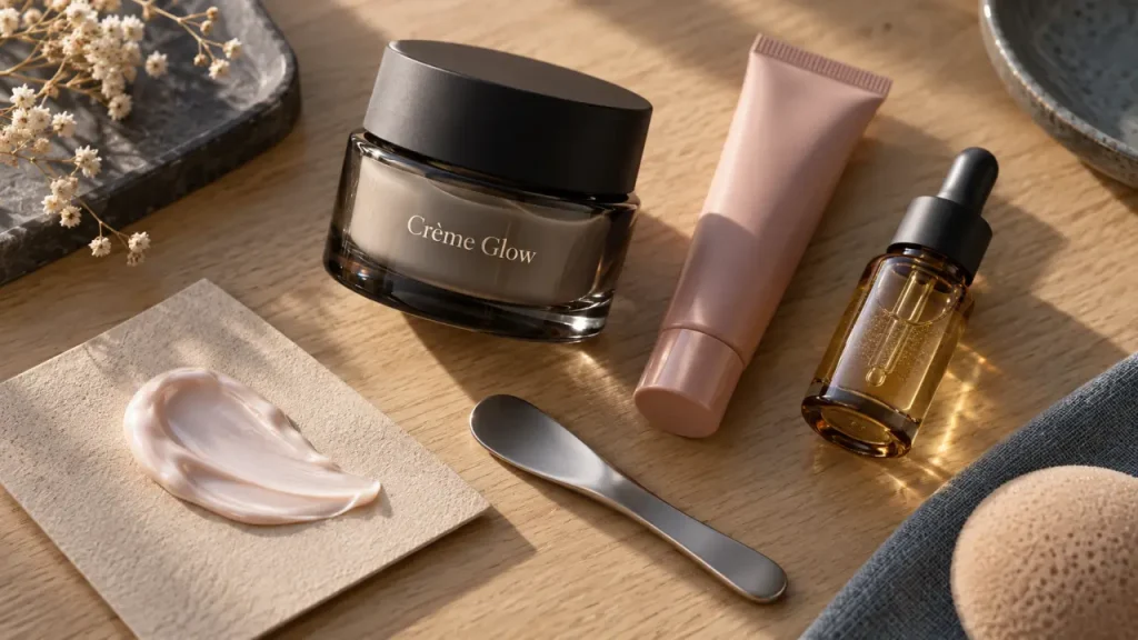 Crème glow visage : pot et texture nacrée pour un éclat durable