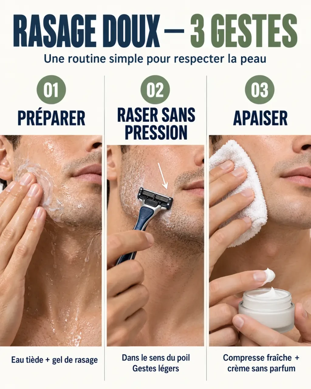 Routine illustrée pour prévenir et calmer une rougeur après rasage