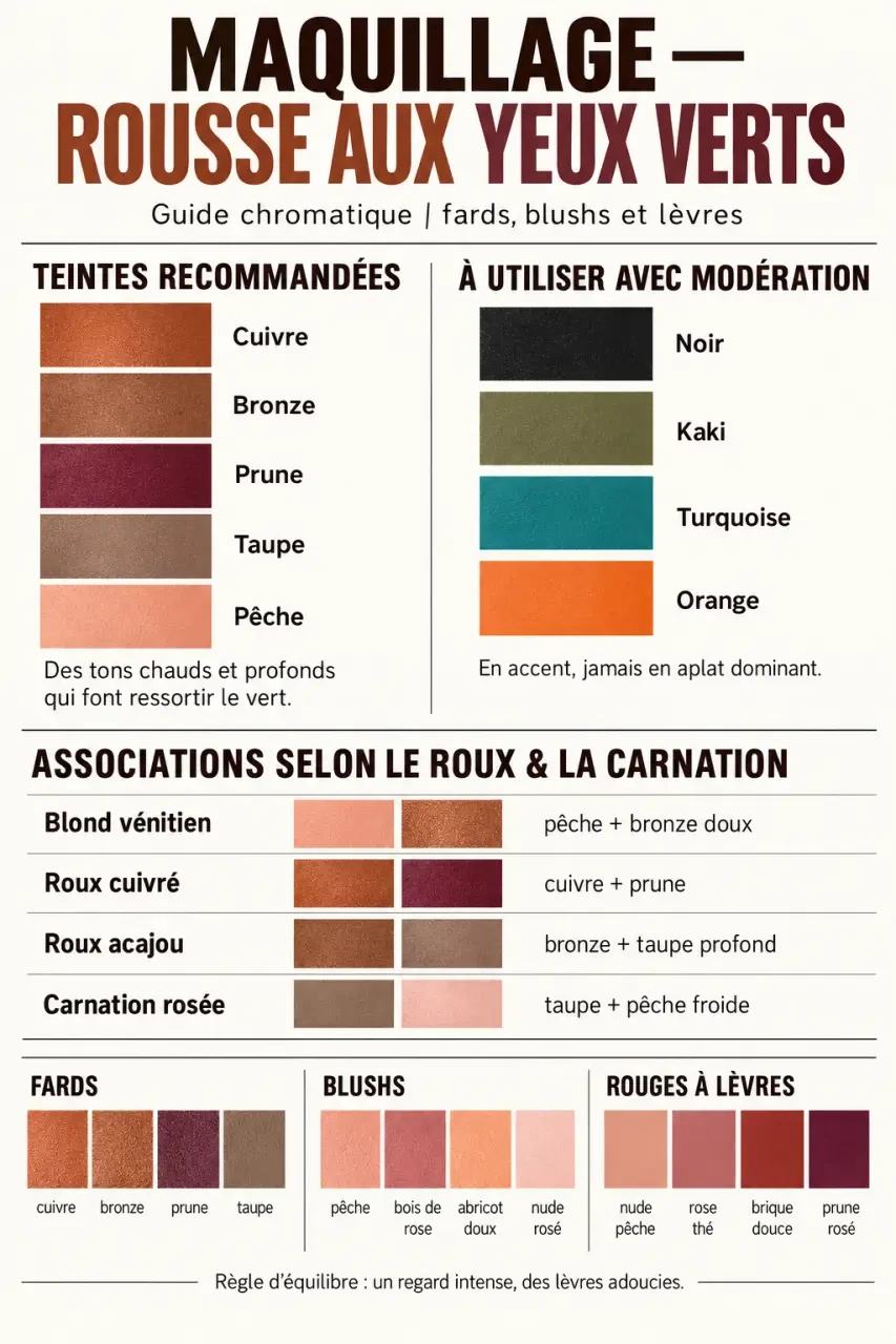 Palette de couleurs pour le maquillage d'une rousse aux yeux verts selon la carnation et la nuance de roux