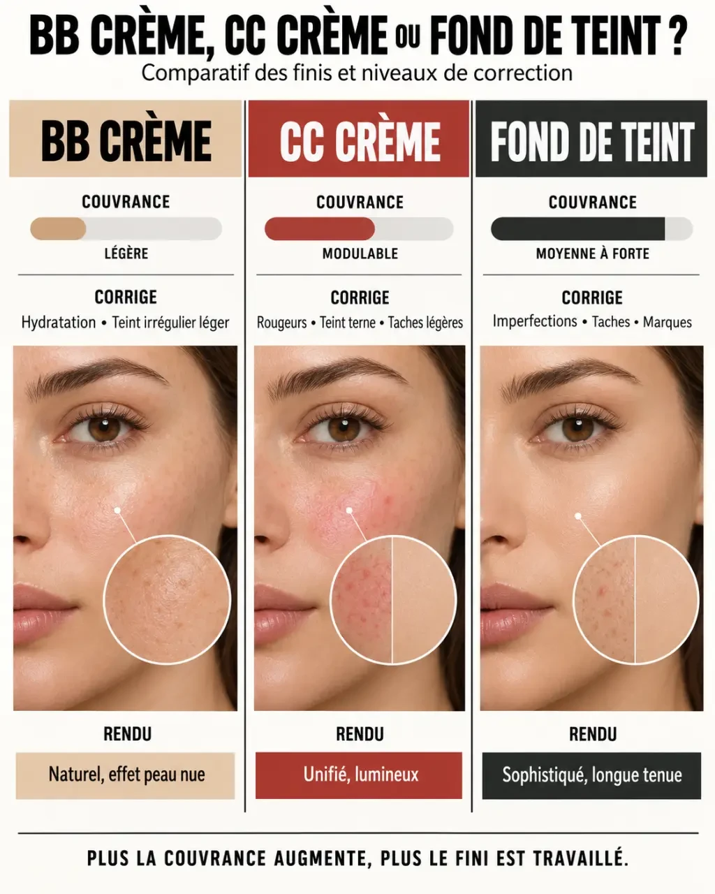 Comparatif visuel entre BB crème, CC crème et fond de teint selon la couvrance et le rendu