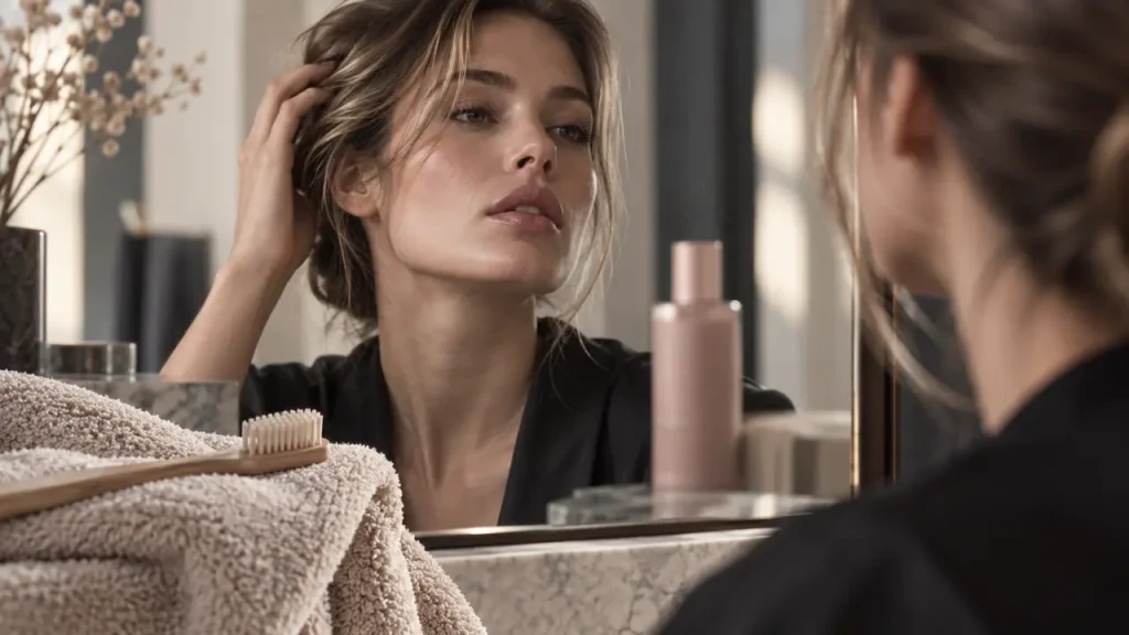 Épaissir les cheveux : volume sans casser, soin gainant près du miroir
