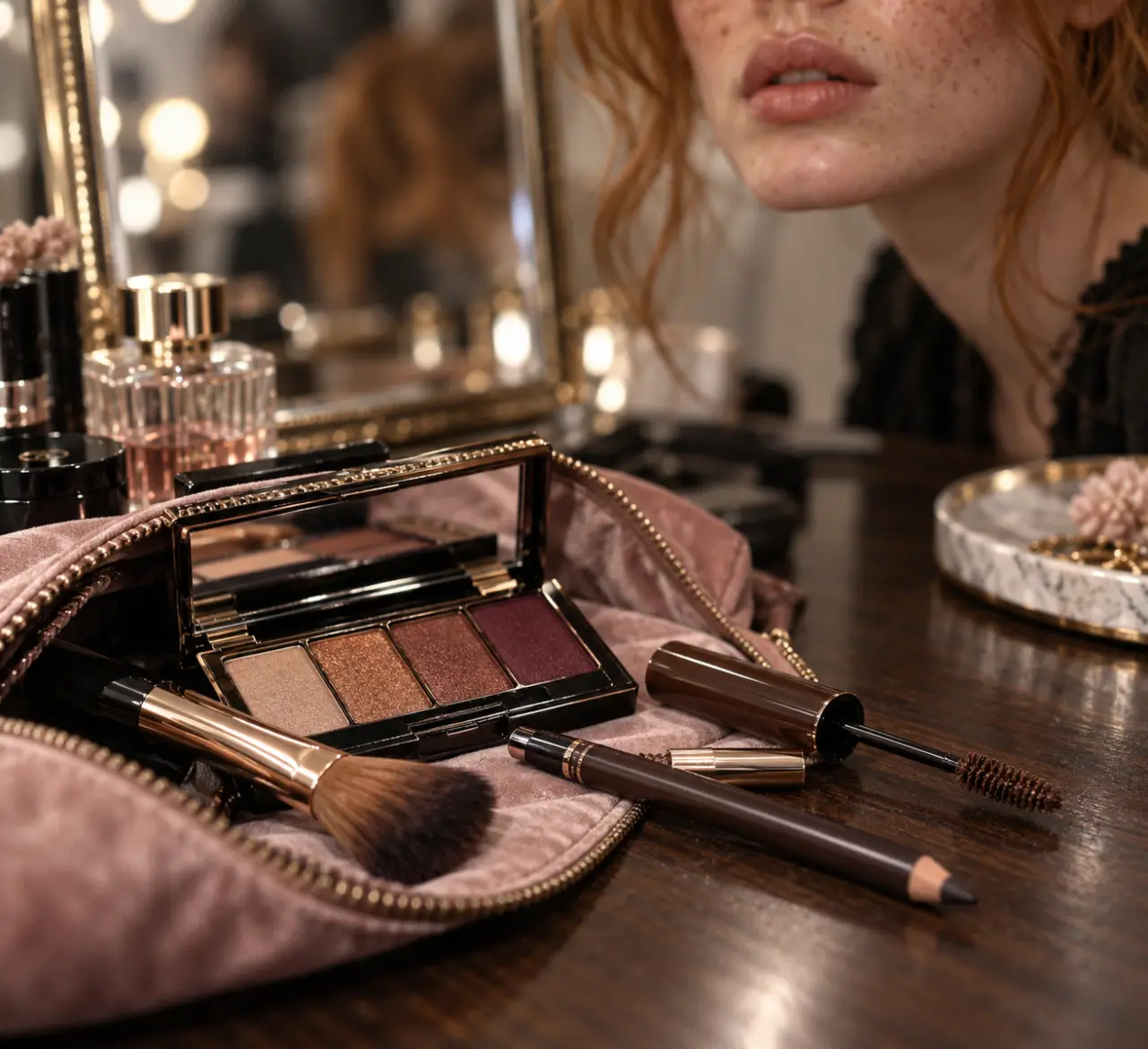 Maquillage rousse aux yeux verts, palette cuivre et prune, pinceau et mascara