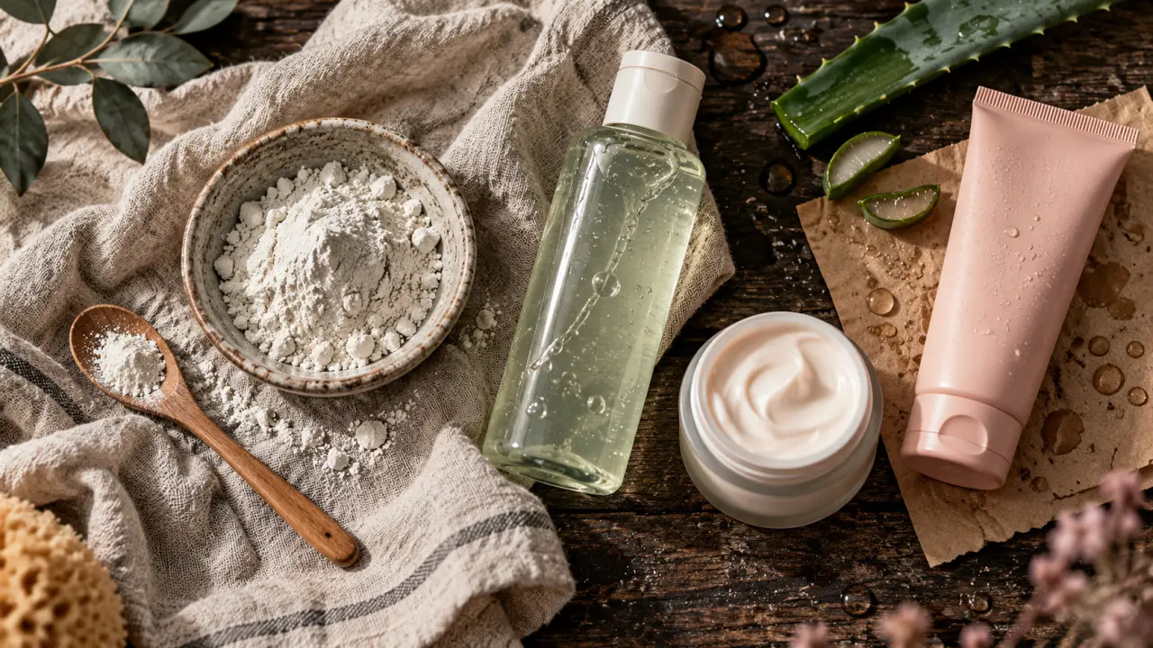 Soins naturels : argile blanche, aloe vera et crème hydratante en salle de bain