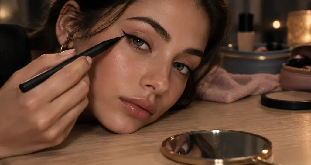 Trait eye liner yeux de biche, aile fine pour agrandir le regard sans alourdir