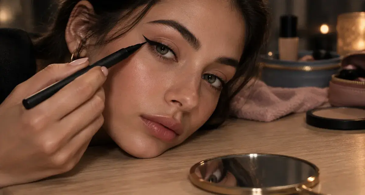 Trait eye liner yeux de biche, aile fine pour agrandir le regard sans alourdir
